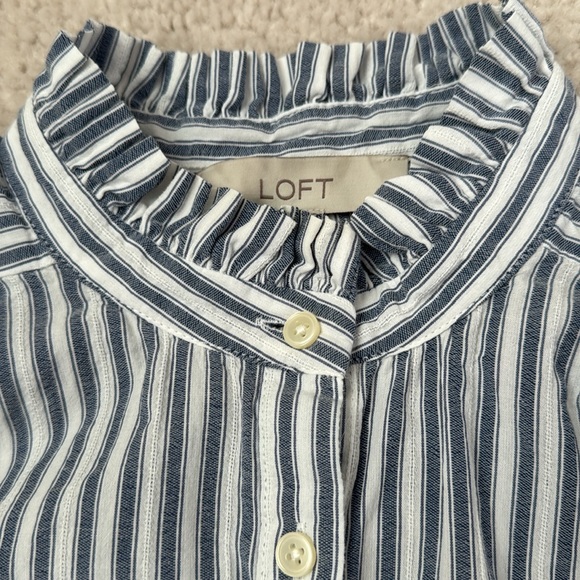 LOFT Ruffle Banded Collar Blouse. Blue Stripes. Size M. - Picture 3 of 5